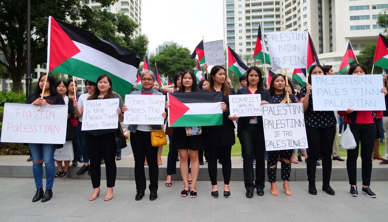 A closeup of a protest sign displaying a message of solidarity with the Palestinian people, emphasizing the participants' dedication to human rights issues