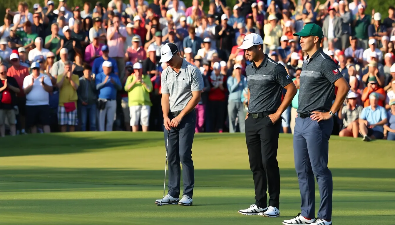 Sam Smalley stands confidently on the green, preparing to putt as Rory McIlroy and Jon Rahm watch intently from nearby, with fans cheering in the background.