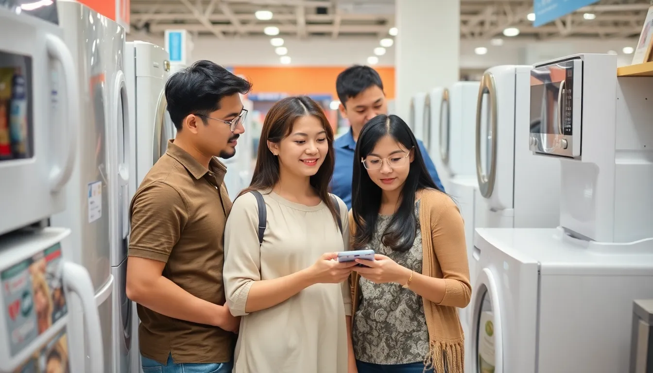 A group of consumers examines various traditional home appliances in a retail store, highlighting a growing preference for reliability over smart technology.