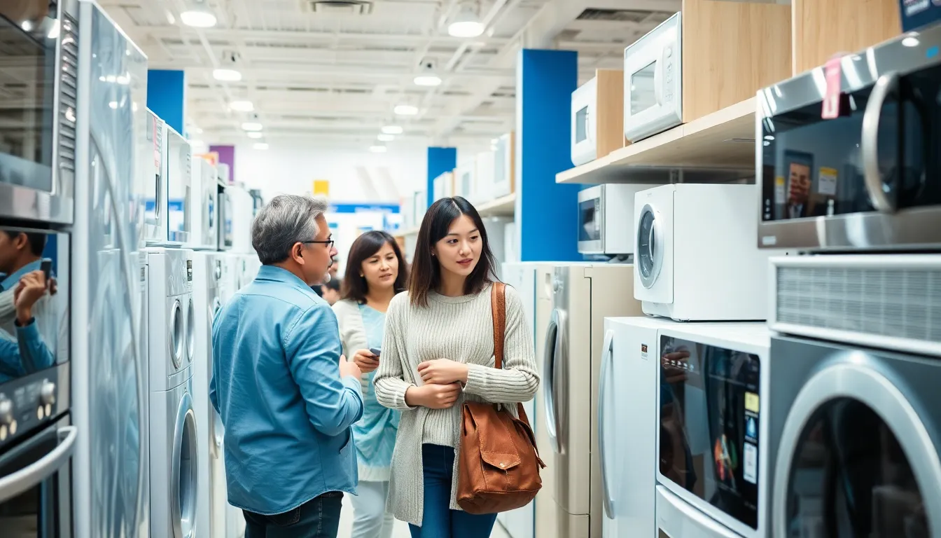 An individual comparing traditional appliances to smart devices in a retail store, highlighting the shift in purchasing preferences
