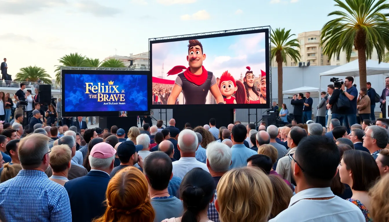 A crowd of industry professionals and festival attendees gathers at the Cannes Film Festival, eagerly watching the teaser presentation for the animated feature Felix the Brave.