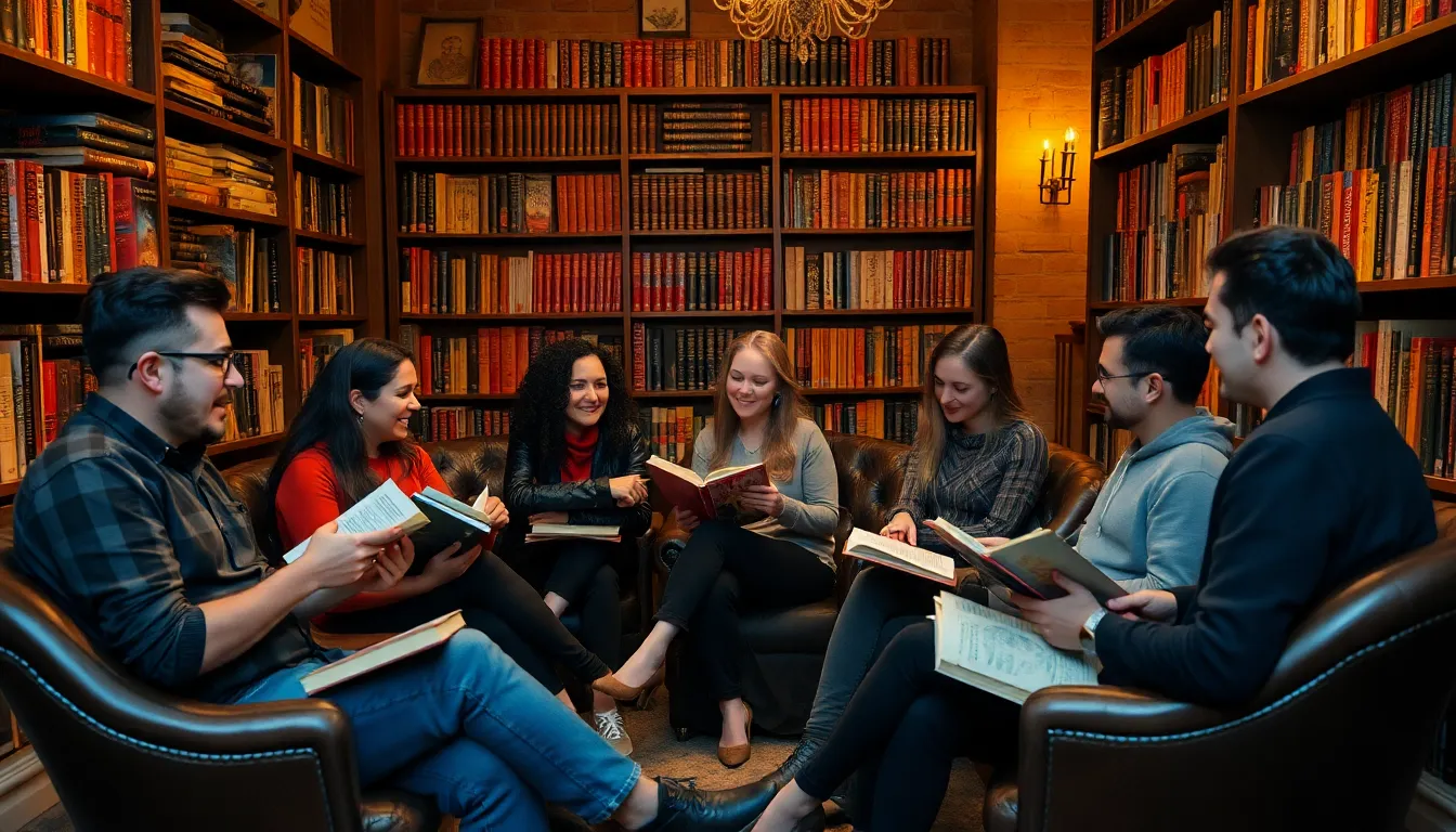 a group of readers gathered in a cozy bookstore, engaged in a lively discussion about the themes and elements of gothic horror in Will Maclean's latest novel.