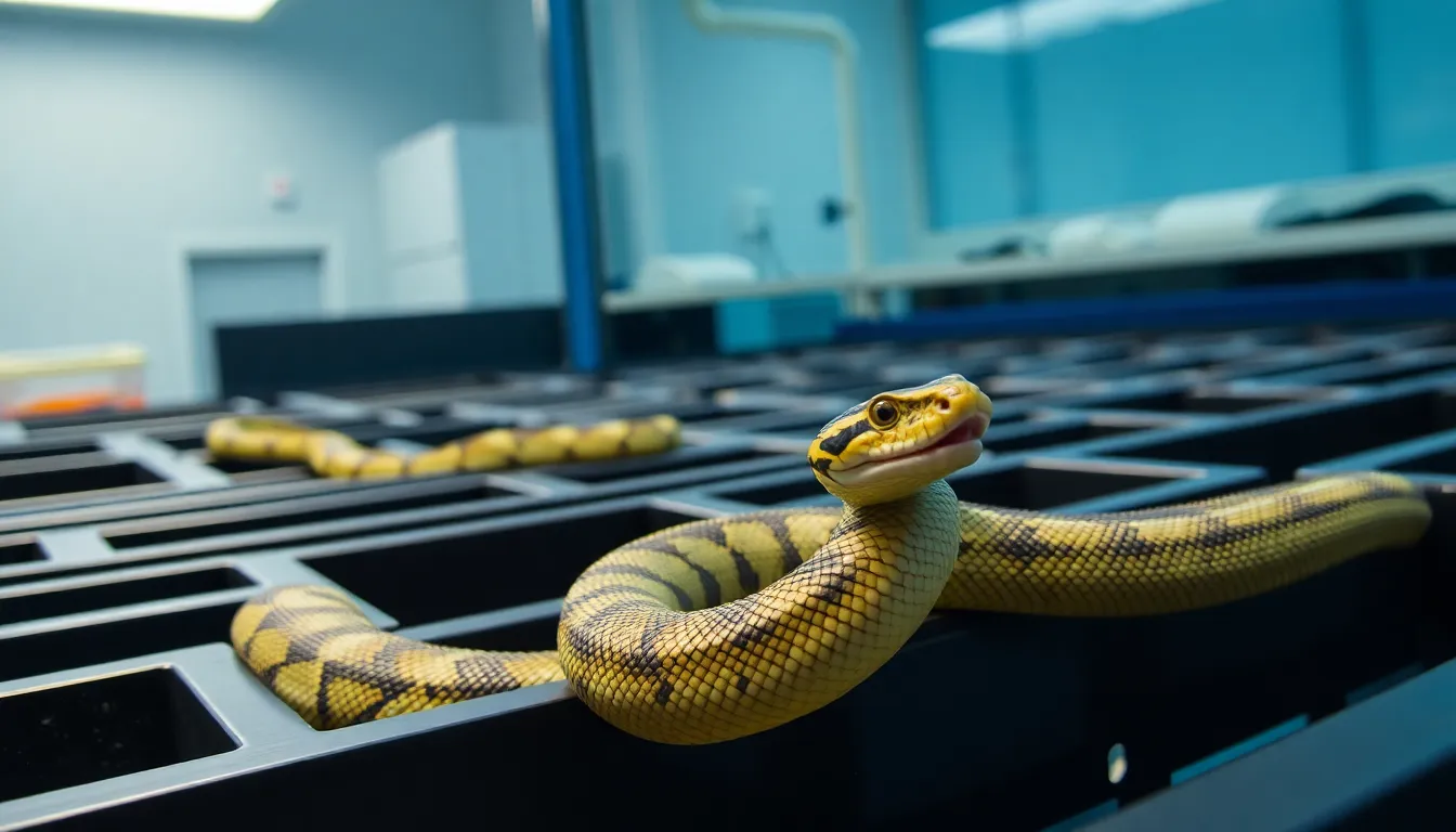 A snake skillfully navigates a complex maze in a laboratory setting, showcasing its problemsolving abilities as it seeks out food rewards.