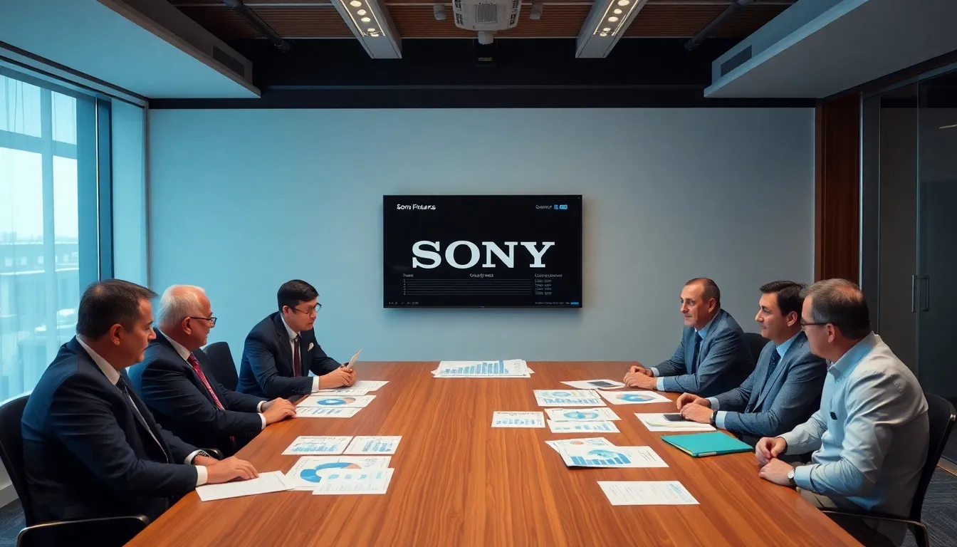 A group of Sony Pictures executives discusses strategies in a conference room, with charts and reports spread out on the table reflecting the company's recent financial challenges.