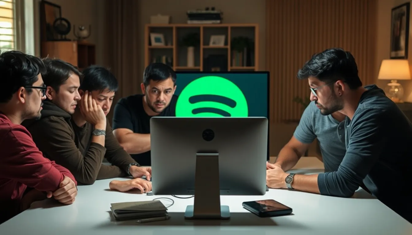 A group of Spotify users gathers around a computer, expressing their frustration over the recently introduced discoball icon that will soon be removed following widespread backlash.
