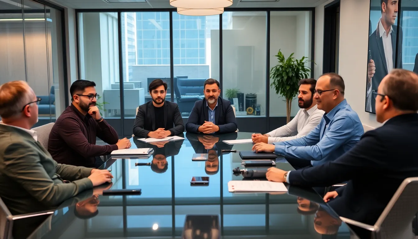A group of musicians and industry professionals gather at a conference table, discussing the implications of new licensing agreements between Spotify and Universal Music for AIgenerated music.
