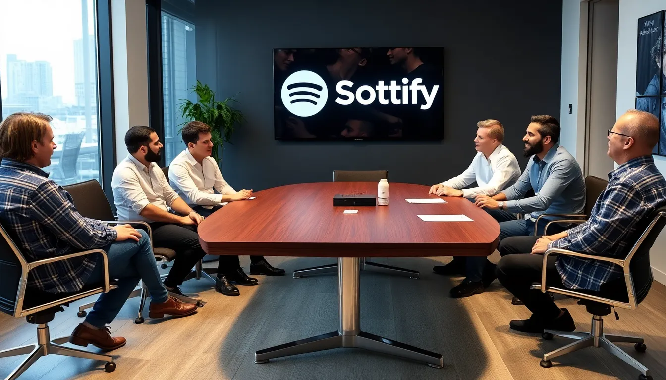 A meeting room filled with representatives from Spotify and Universal Music discussing the future of AI in music, emphasizing collaboration and ethical practices