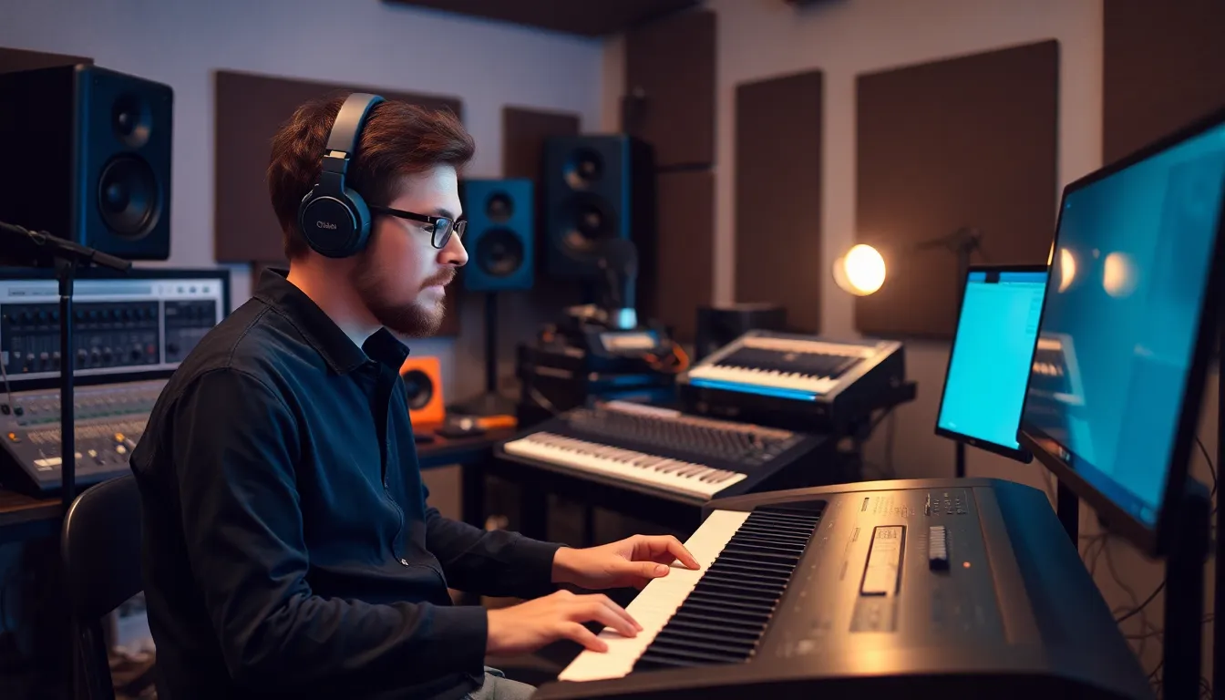 A musician sits at a keyboard in a studio, surrounded by sound equipment, while discussing the importance of authenticity in music creation amidst the rise of AIgenerated content.