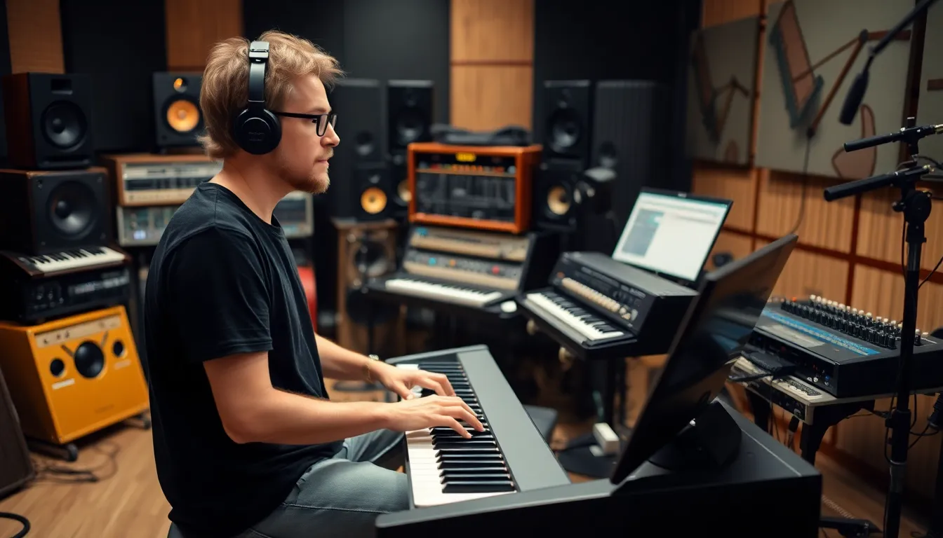 An artist in a recording studio, passionately engaged in the musicmaking process, representing the human element in artistic expression