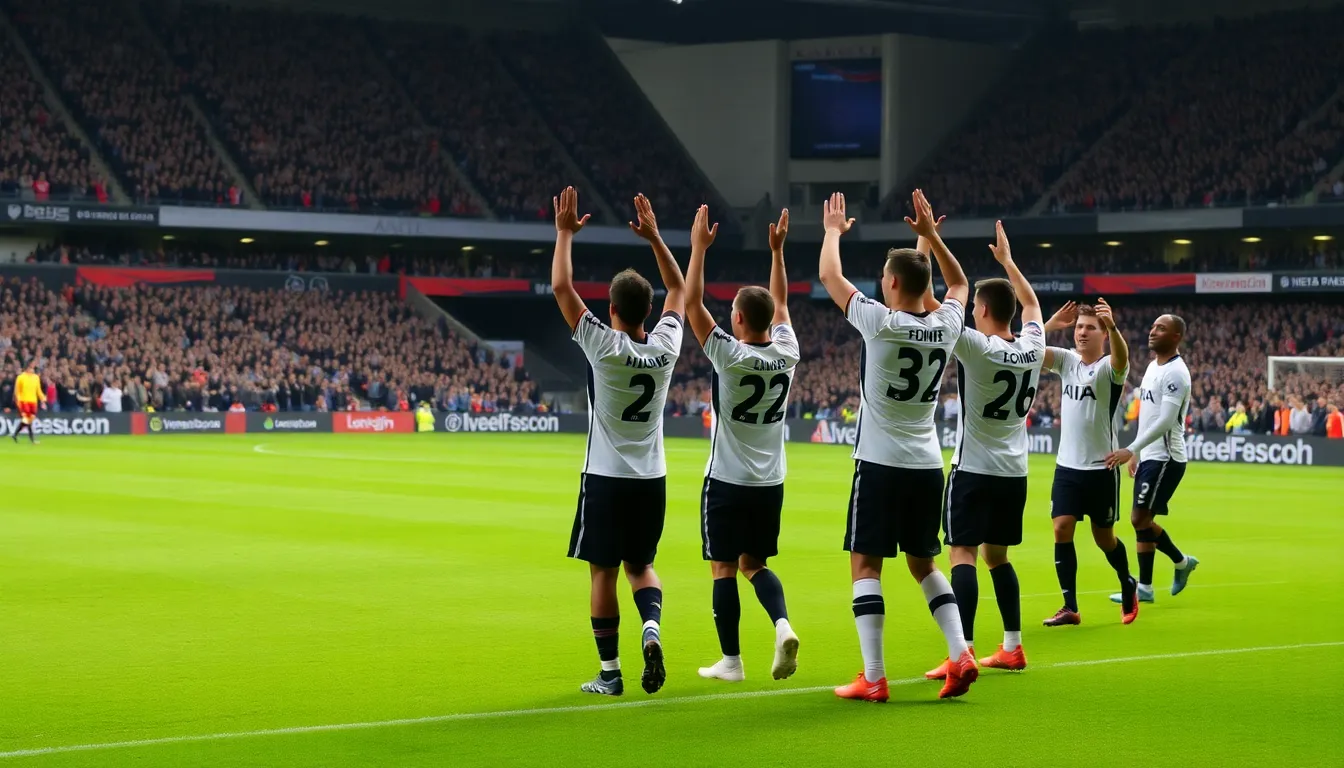 Tottenham Hotspur players celebrate on the pitch after securing a dramatic 32 victory against their rivals, while fans cheer enthusiastically in the stands.