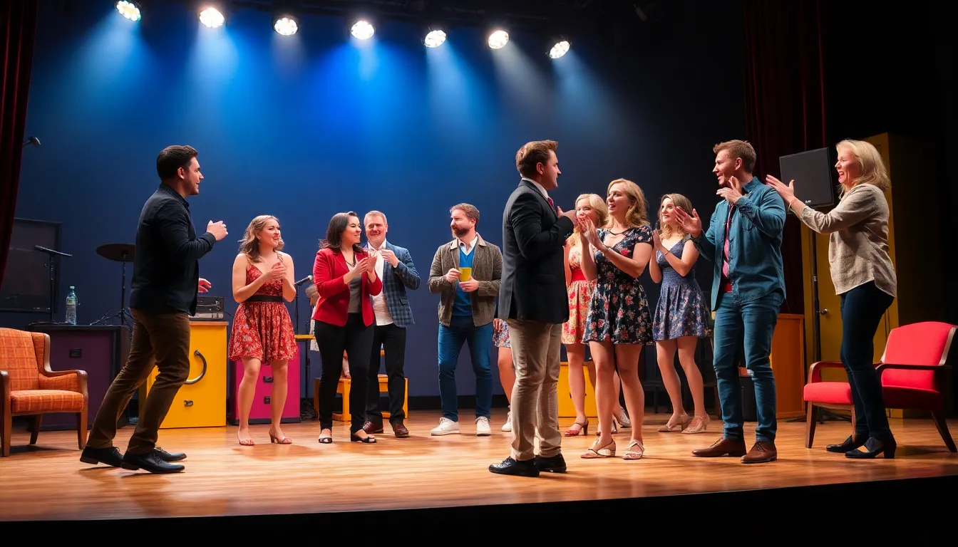 Actors engage in a playful rehearsal scene, highlighting the charming dynamics and comedic elements that unfold behind the curtain