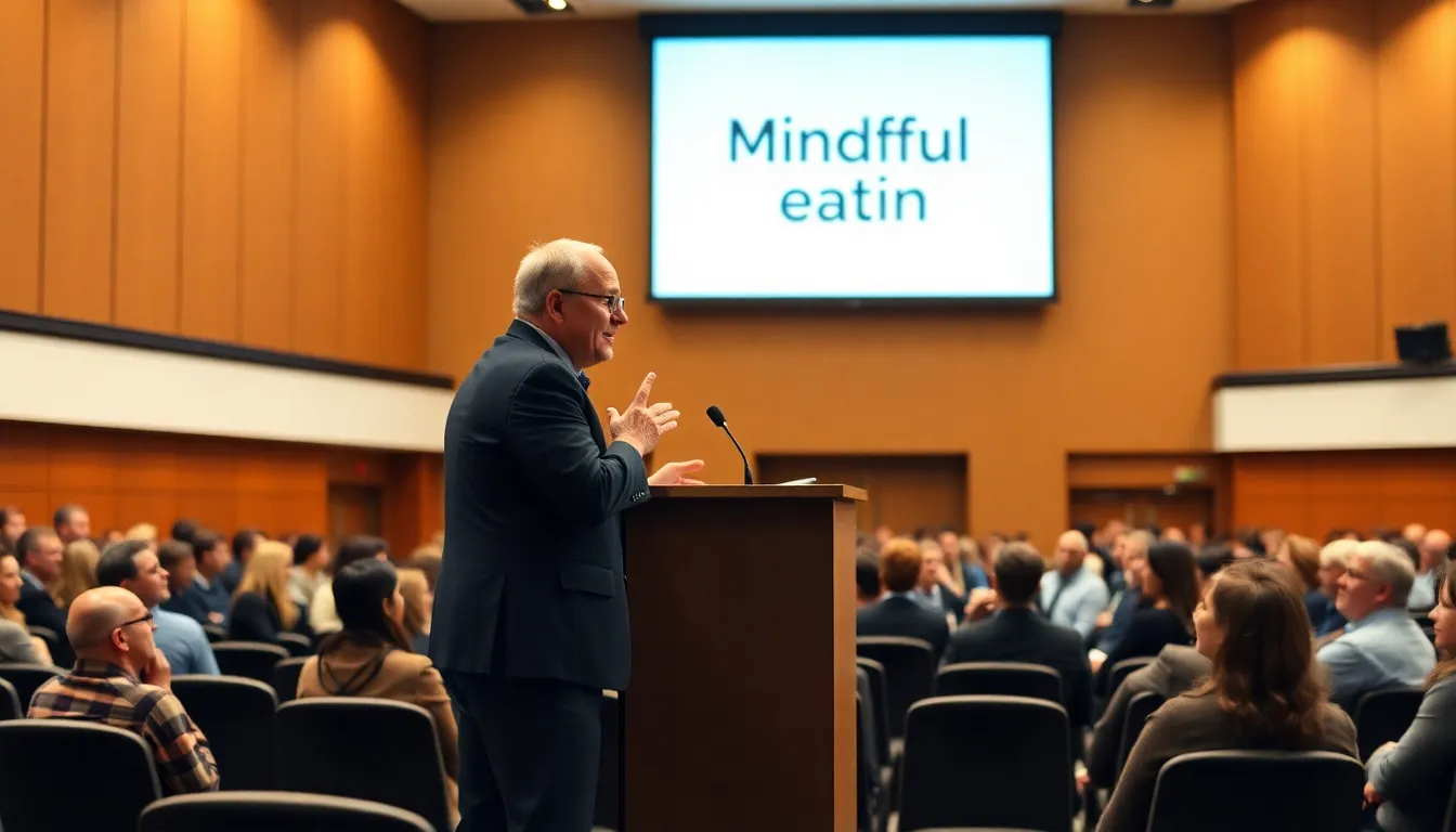 Stanley Tucci speaks passionately at a conference, urging the audience to rethink their relationship with food and emphasizing the importance of mindful eating practices.