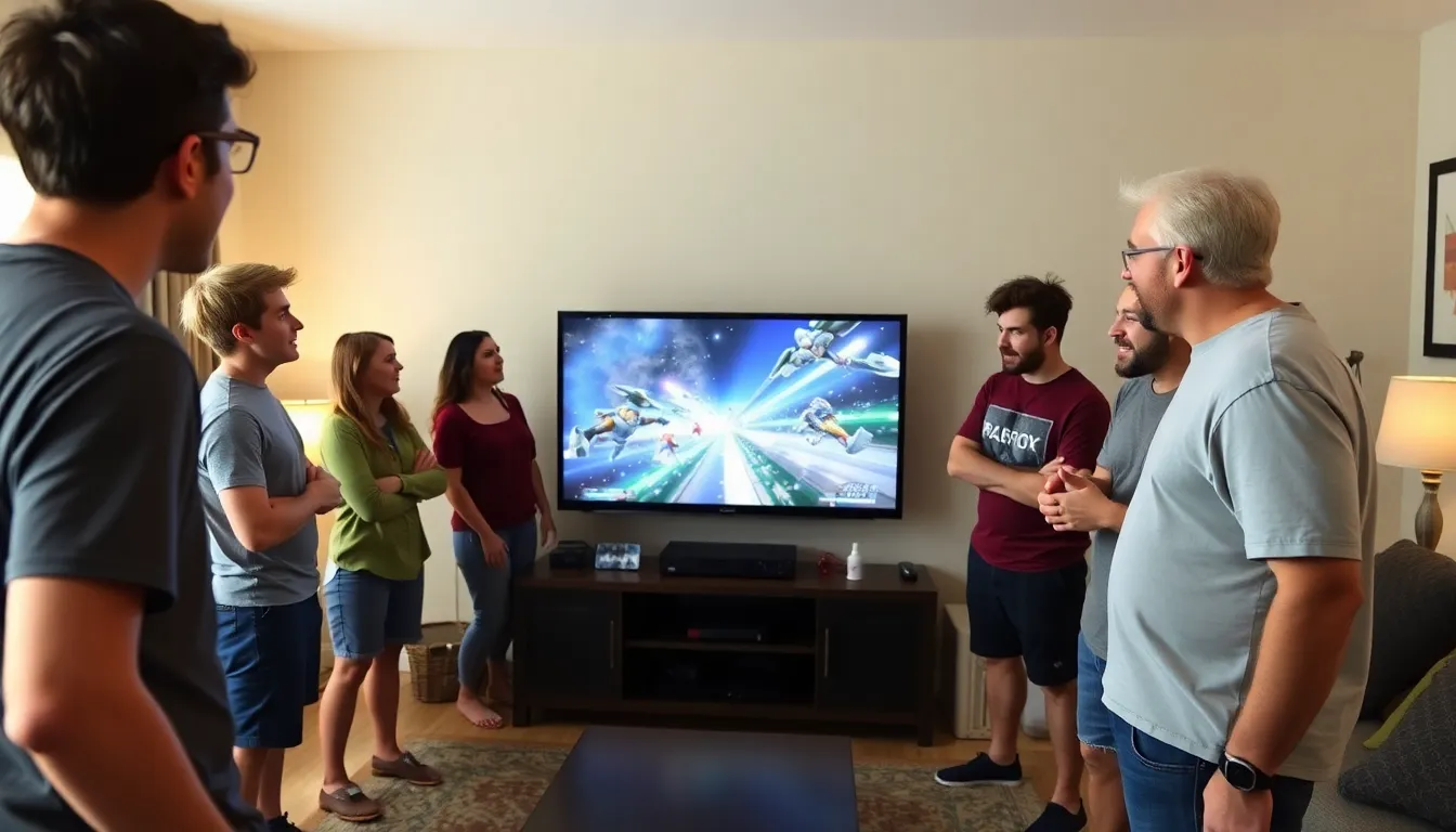A group of excited gamers gathers around a television, eagerly discussing the recent announcement of the rerelease of Star Fox 64 for modern consoles.