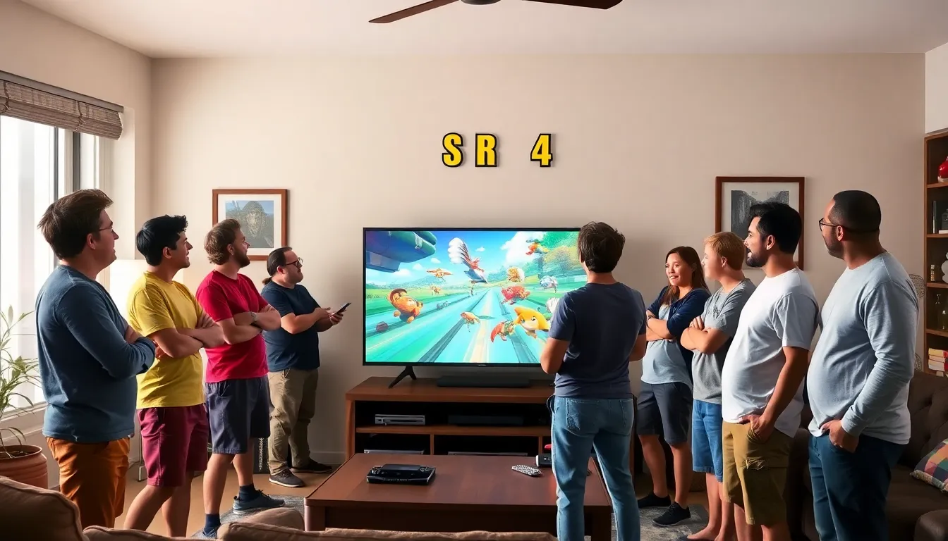 A nostalgic gamer eagerly discussing their favorite moments from Star Fox 64 with fellow fans at a gaming convention, highlighting the game's lasting impact on the community