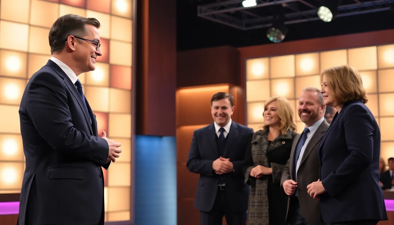 Stephen Colbert shares a heartfelt moment on stage with fellow latenight hosts during a special farewell episode of The Late Show.