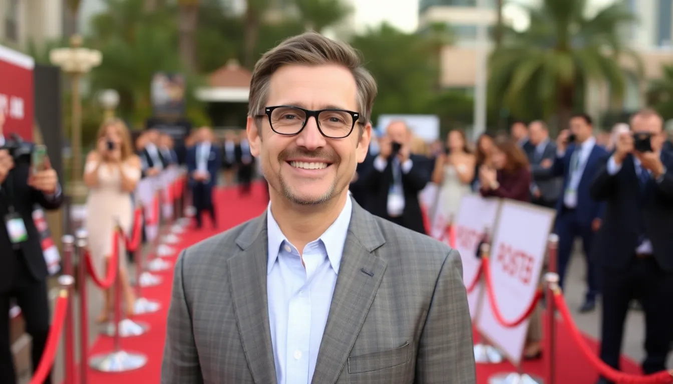 Steve Carell stands on a red carpet, smiling and posing for photographers at an event celebrating his latest Emmy nomination for the series "Rooster."