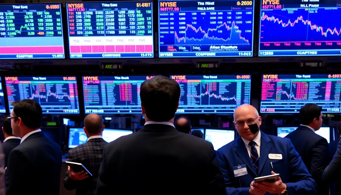 Traders observe stock market trends on a busy trading floor, with screens displaying fluctuating indices and financial news updates.