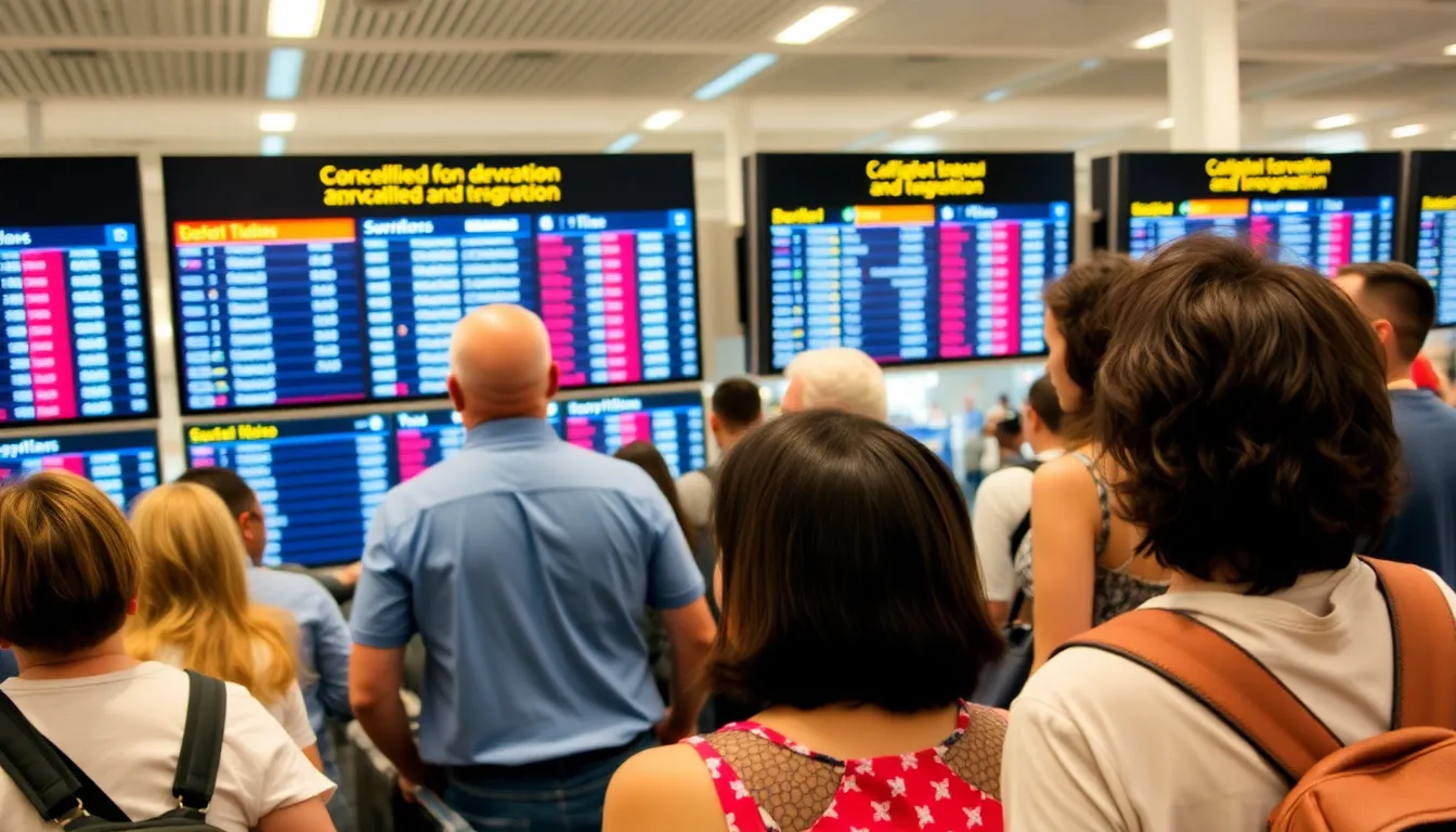 Travelers at a busy airport terminal express concern as flight cancellations and delays are announced due to a jet fuel shortage affecting summer holiday plans.