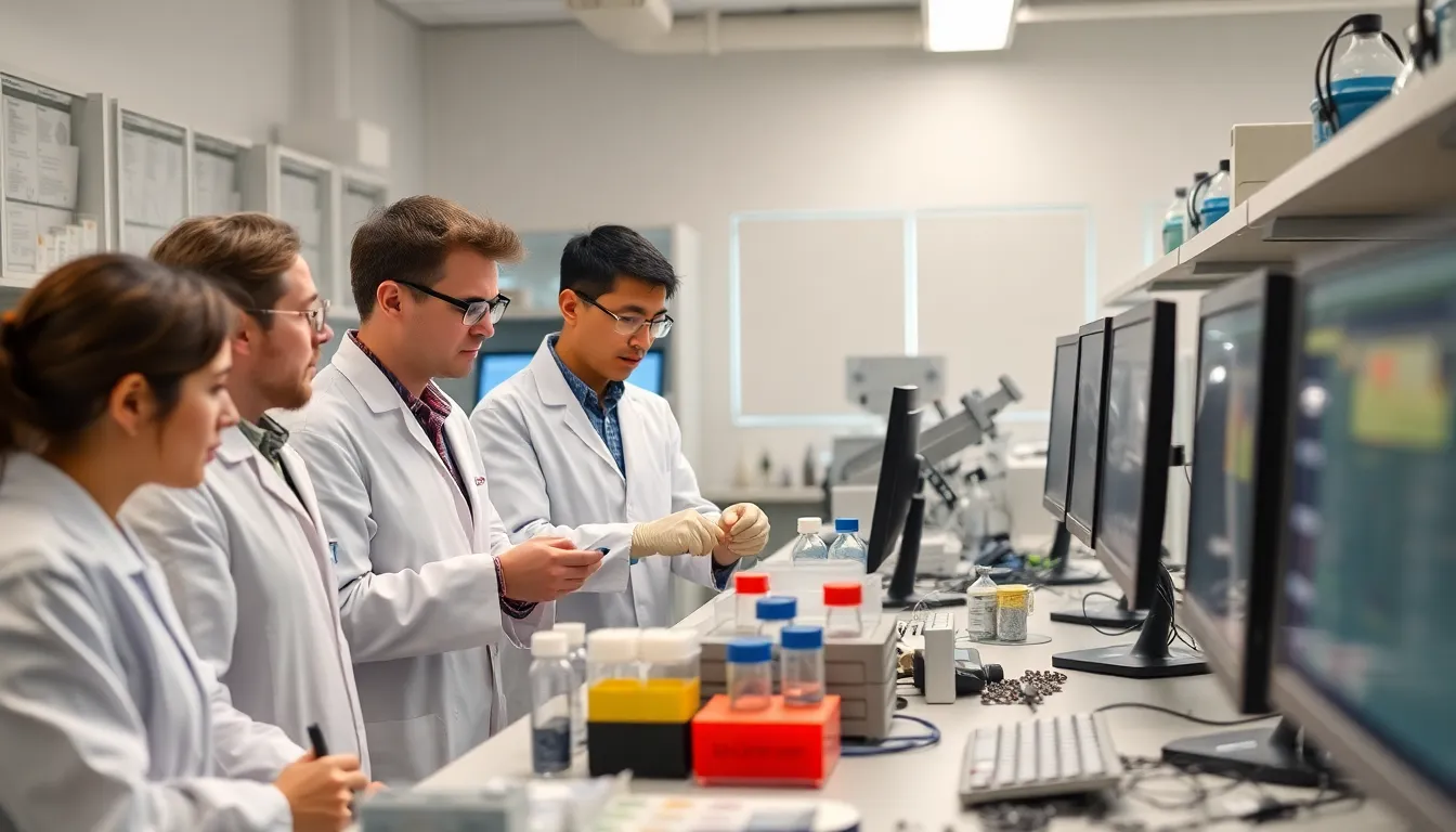 A group of scientists in a laboratory examines samples and data related to energy storage solutions inspired by the biological effects of sunburn.