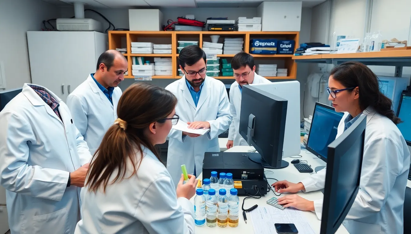 A group of scientists collaborating in a modern research facility, discussing advancements in energy storage technologies and their implications for sustainability