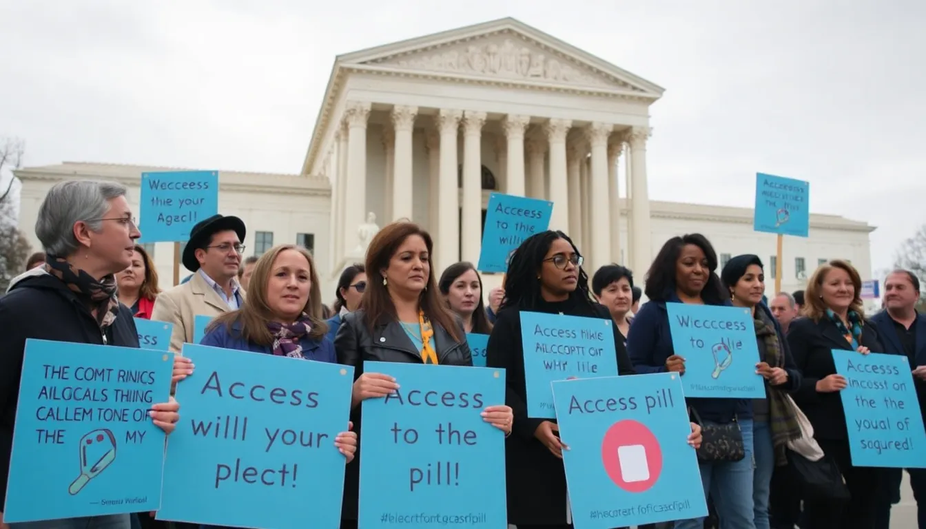 A group of advocates gathers outside the Supreme Court, holding signs in support of access to the abortion pill while discussing the implications of the recent ruling.