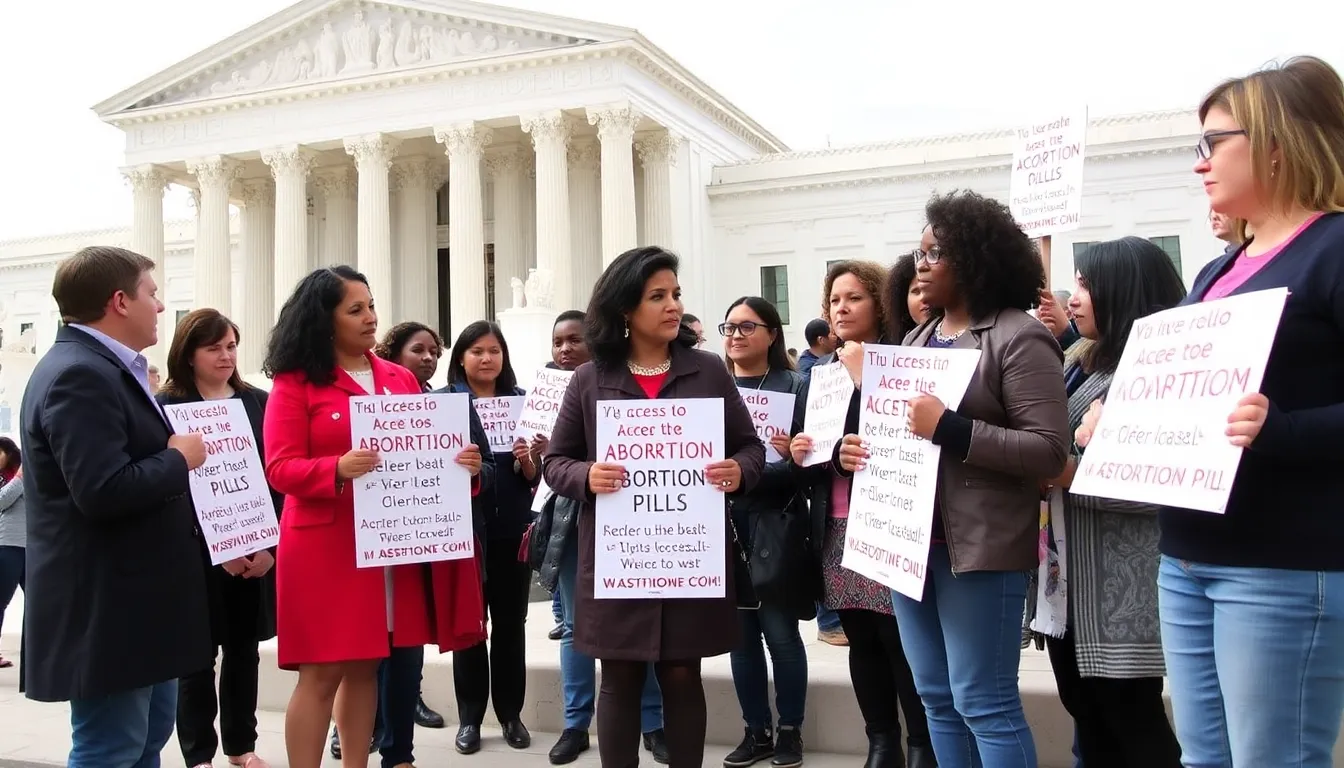 Advocacy group members holding signs in support of women's reproductive rights during a rally