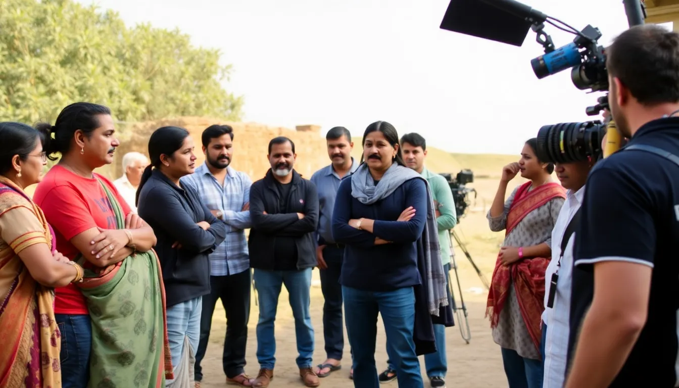 Supriya Pathak Kapur stands on a film set, discussing scenes with a diverse cast of Indian and Australian actors, as crew members prepare for the next shot.