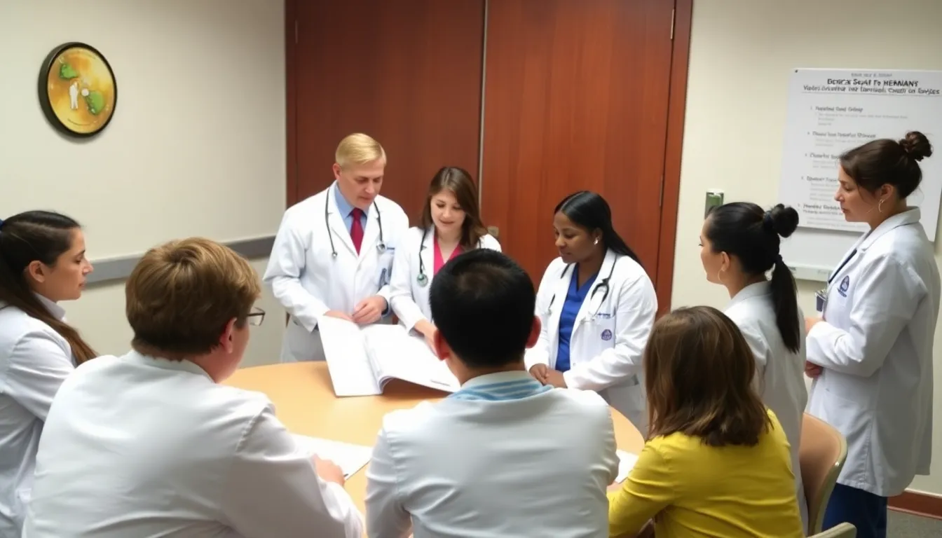 A group of healthcare professionals discusses the rising number of children seeking mental health services in a hospital conference room.