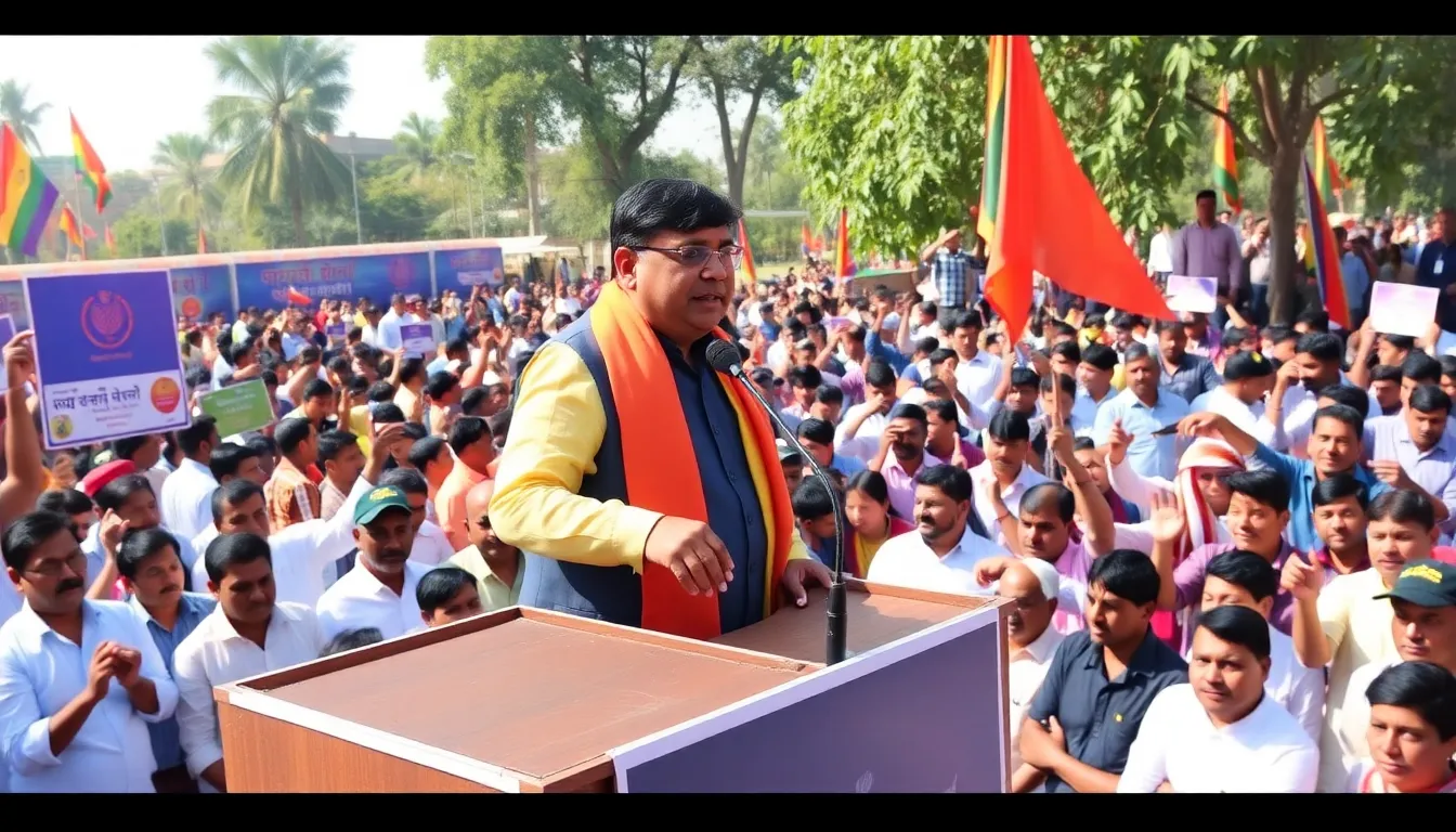Suvendu Adhikari stands confidently at a podium, addressing a crowd of supporters during a rally celebrating his recent appointment as Chief Minister of West Bengal.