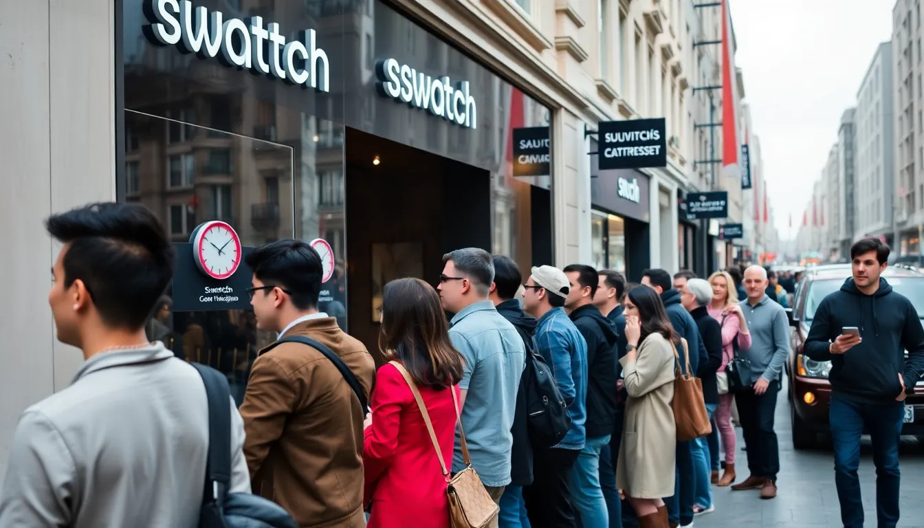 Crowds of eager customers line up outside a Swatch store, waiting to purchase the newly launched limitededition watch amid safety measures and temporary store closures.