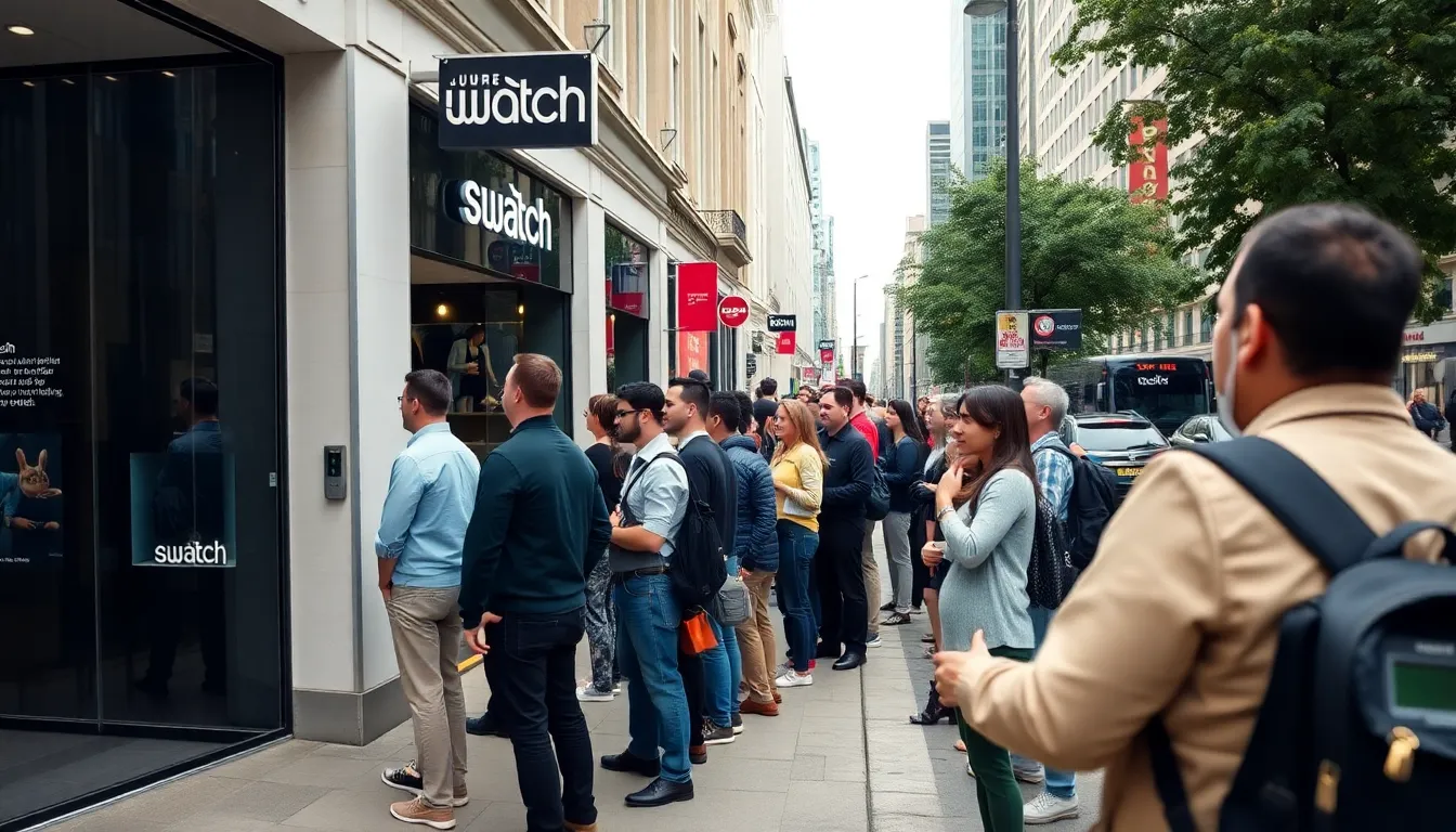 A Swatch employee manages the queue of customers, ensuring safety and order during the highdemand release event