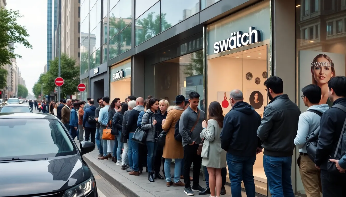 A vibrant display of Swatch watches highlights the brand's colorful designs and affordability, appealing to a diverse audience