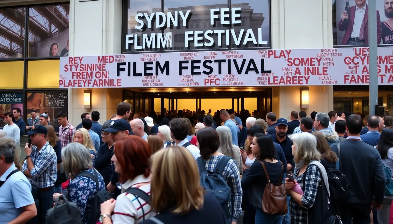 A crowd gathers outside the Sydney Film Festival venue, eagerly awaiting the screening of films by renowned directors from around the world.