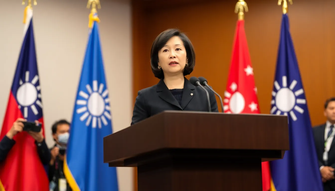Taiwan's President Tsai Ingwen delivers a speech emphasizing the island's commitment to sovereignty and peace during a press conference amid rising tensions with China.