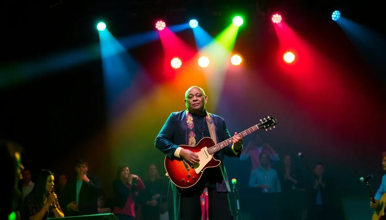 Taj Mahal performs on stage with a guitar, surrounded by colorful lights and an enthusiastic audience during the launch of his new album 'Time.'