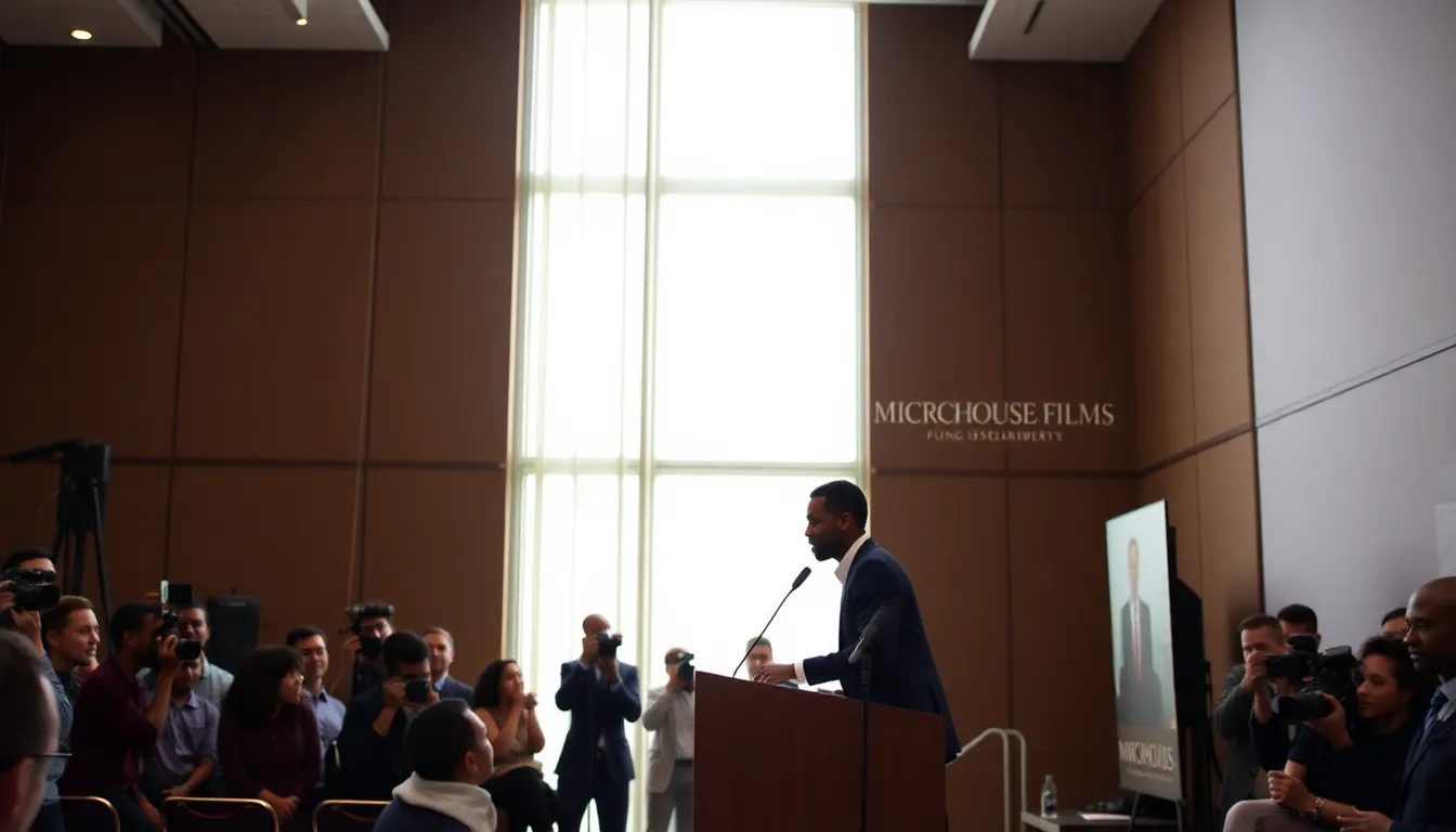 Taye Diggs stands confidently at a podium, announcing the launch of his new film studio Microhouse Films during a press event.