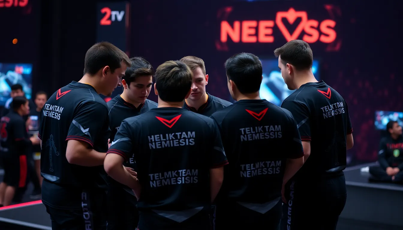 Team Nemesis players huddle together in a tense discussion during a Dota 2 match, reflecting their struggles to find synergy as they prepare for upcoming tournaments.
