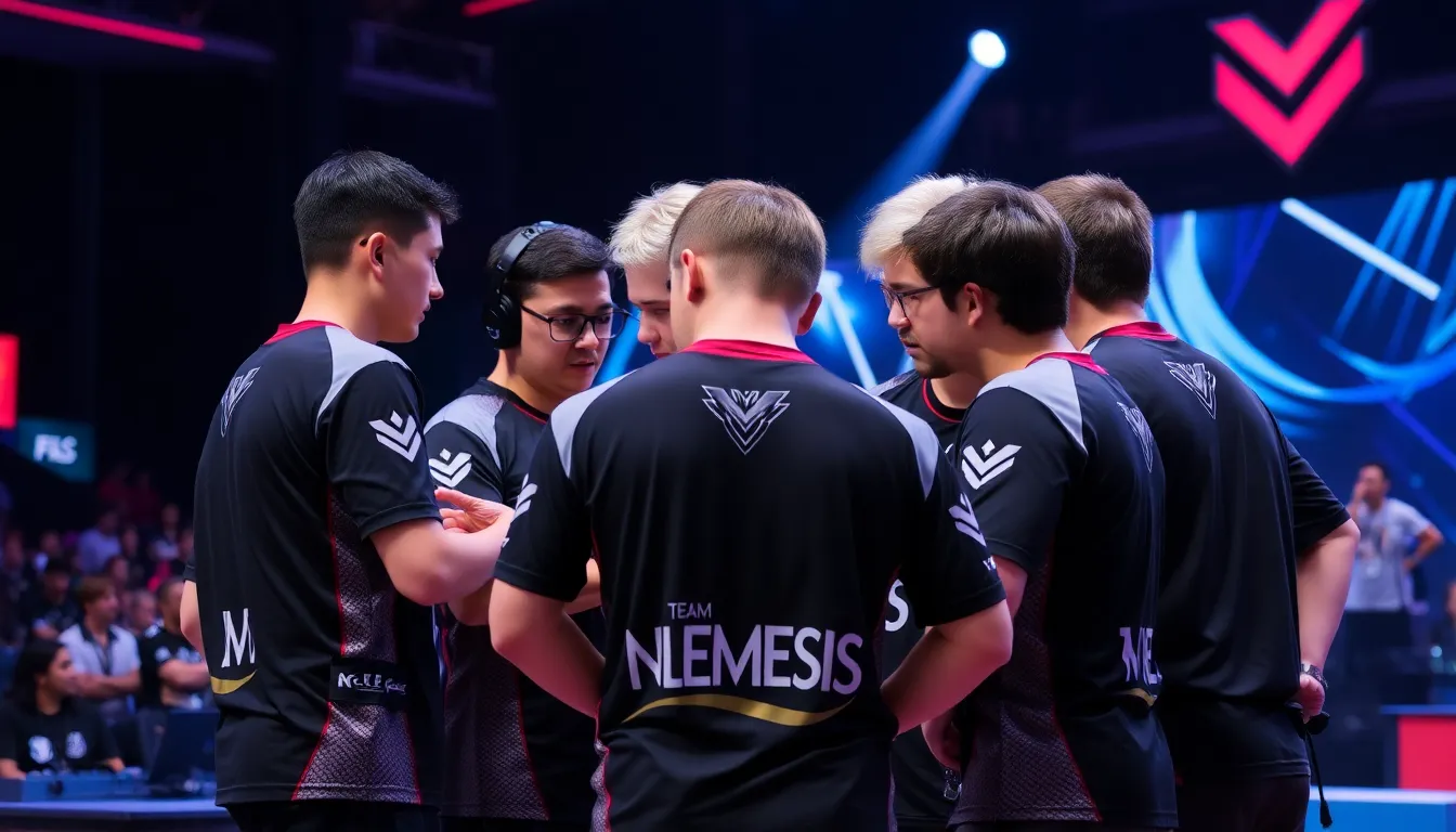 Team Nemesis strategizing in a team meeting, reflecting on their recent performance and the pressure to adapt before upcoming competitions