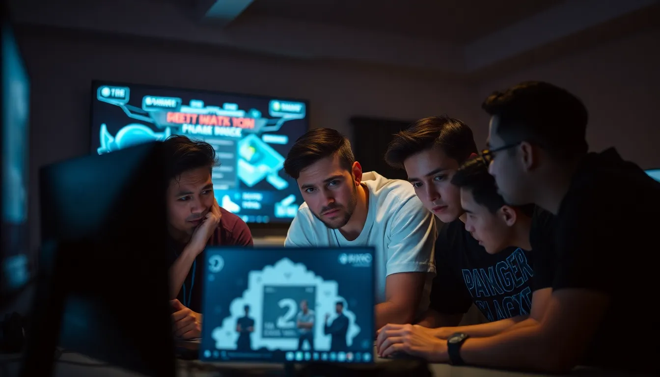 A group of gamers is gathered around a computer, intensely discussing strategies for the latest patch of 2XKO while showing visible concern about the game's future.