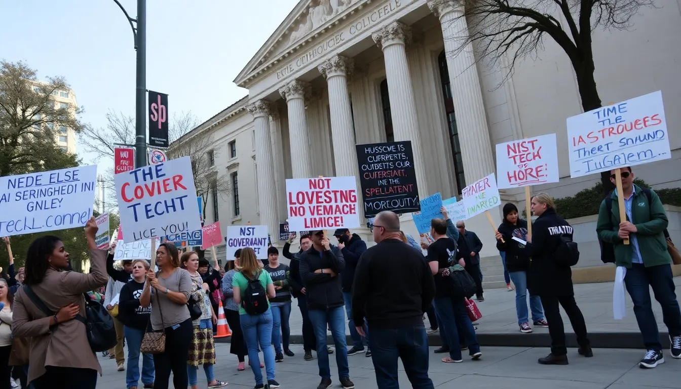Protesters gather outside a courthouse holding signs advocating for civil liberties and expressing concerns over government overreach in the tech industry.