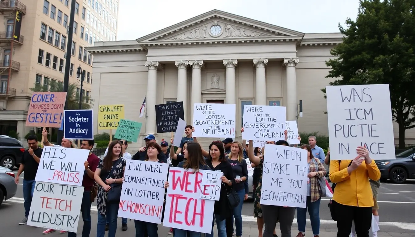 A closeup view of a tech tycoon speaking at a press conference, defending their company's innovative practices and addressing the implications of their prosecution