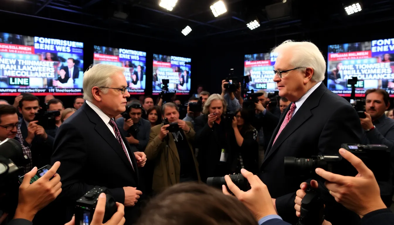 Ted Turner and Rupert Murdoch engage in a heated discussion at a media conference, reflecting their longstanding rivalry over differing media philosophies.