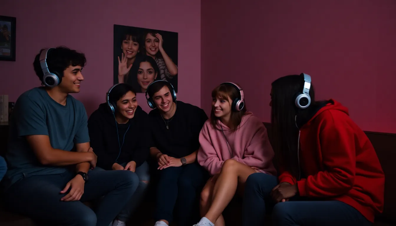 A group of teenagers gather in a dimly lit room, laughing and sharing headphones while listening to a mixtape that blends nostalgic 90s tracks with contemporary sounds.