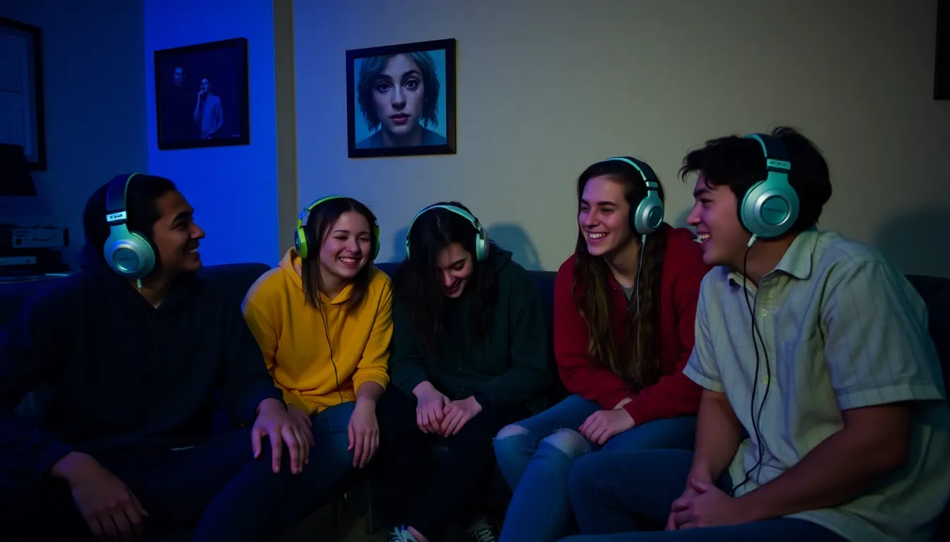 A group of teenagers gathered around a cassette player, sharing laughs and memories while creating their own mixtapes