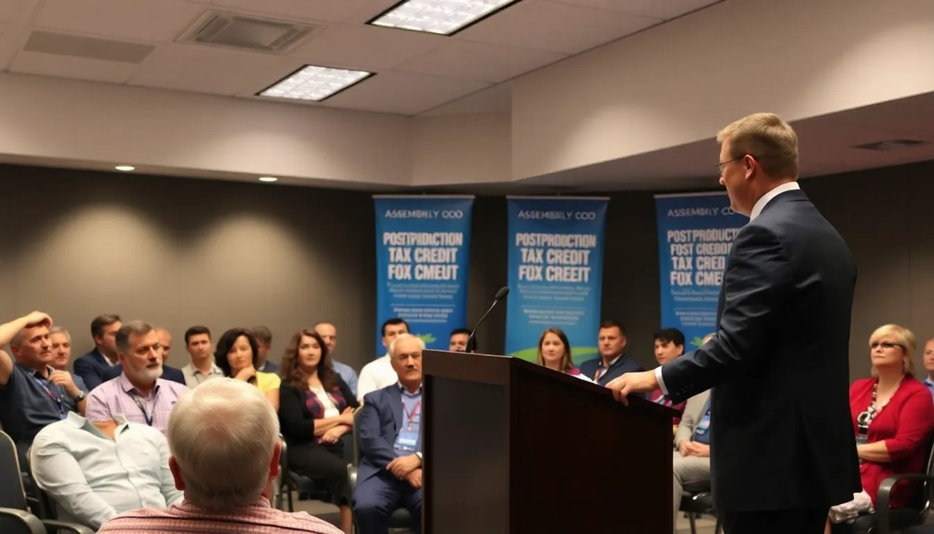 A diverse team of film professionals collaborating on postproduction tasks, highlighting the job creation potential of the new tax credit initiative