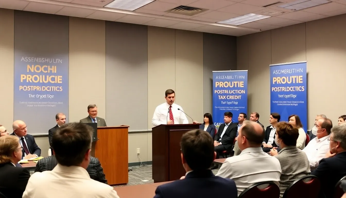 Assemblyman Nick Schultz speaks to a group of local officials and industry stakeholders in Burbank, advocating for a postproduction tax credit bill to support California's film and television industry.
