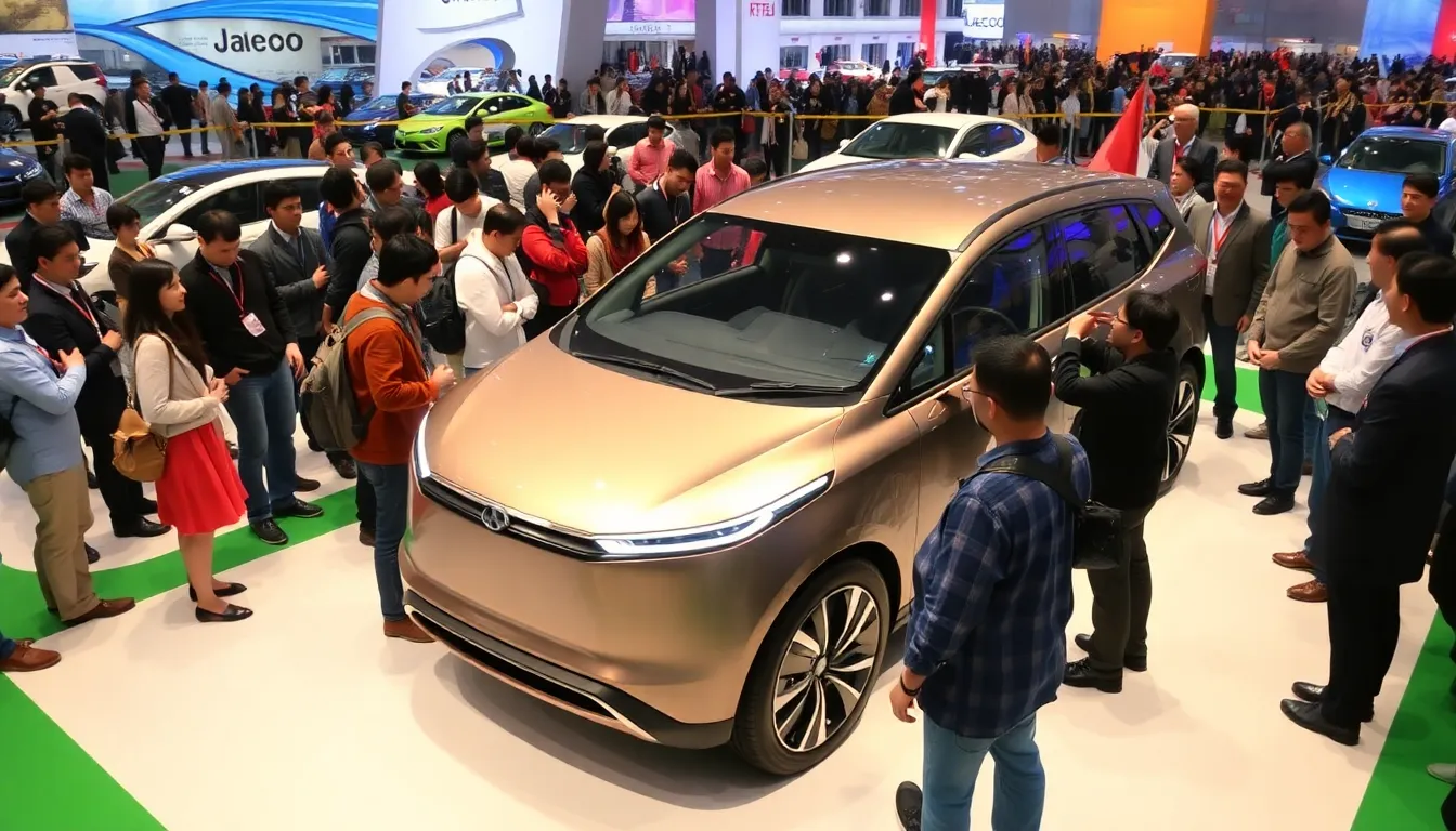 A crowd of potential buyers examines the sleek Jaecoo 7 electric vehicle at a bustling auto show in China, highlighting the growing interest in domestically produced EVs.