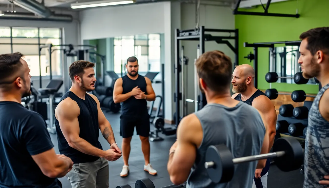a group of men discussing fitness and health strategies in a gym setting, with weights and exercise equipment visible in the background.