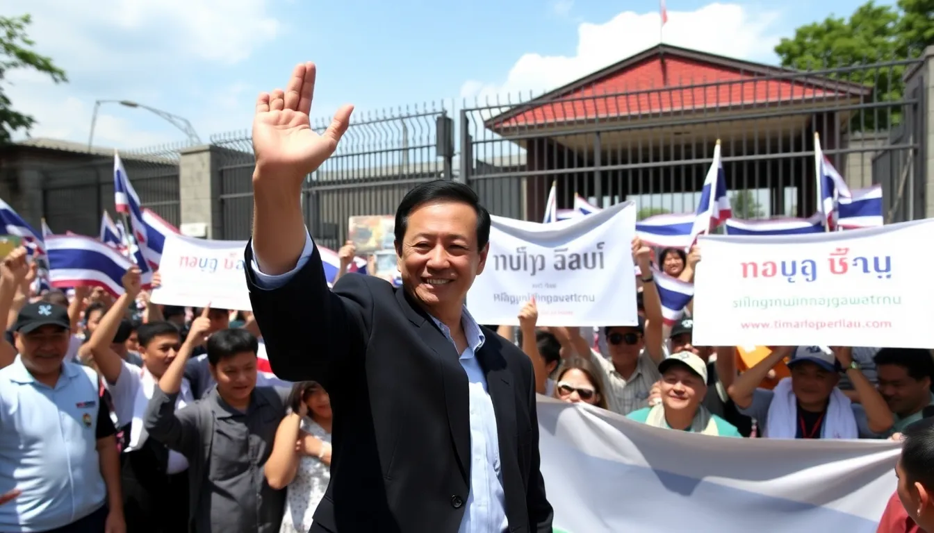 Thaksin Shinawatra greets supporters outside a prison in Thailand following his release, surrounded by a crowd holding banners and flags in a show of solidarity.