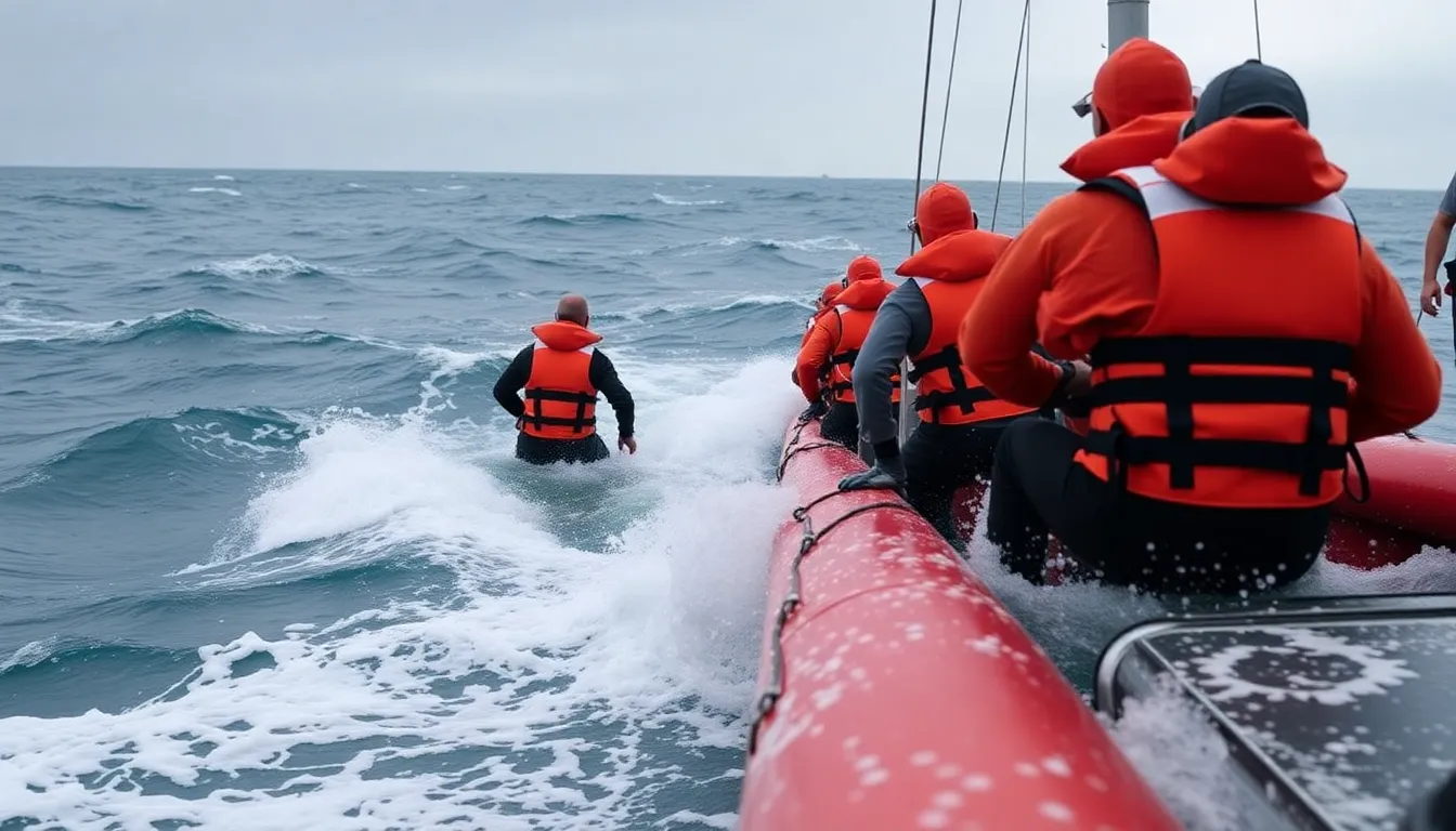 Rescue teams search the turbulent waters off the Australian coast after a yacht capsized, with emergency personnel working against rough seas and poor visibility.